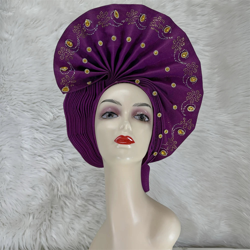 Maxy Luxury African Women’s Sego Head tie Crystal Stone Aso Oke Gele Aso Ebi Already Made Headtie Turban Cap Women Head Wear
