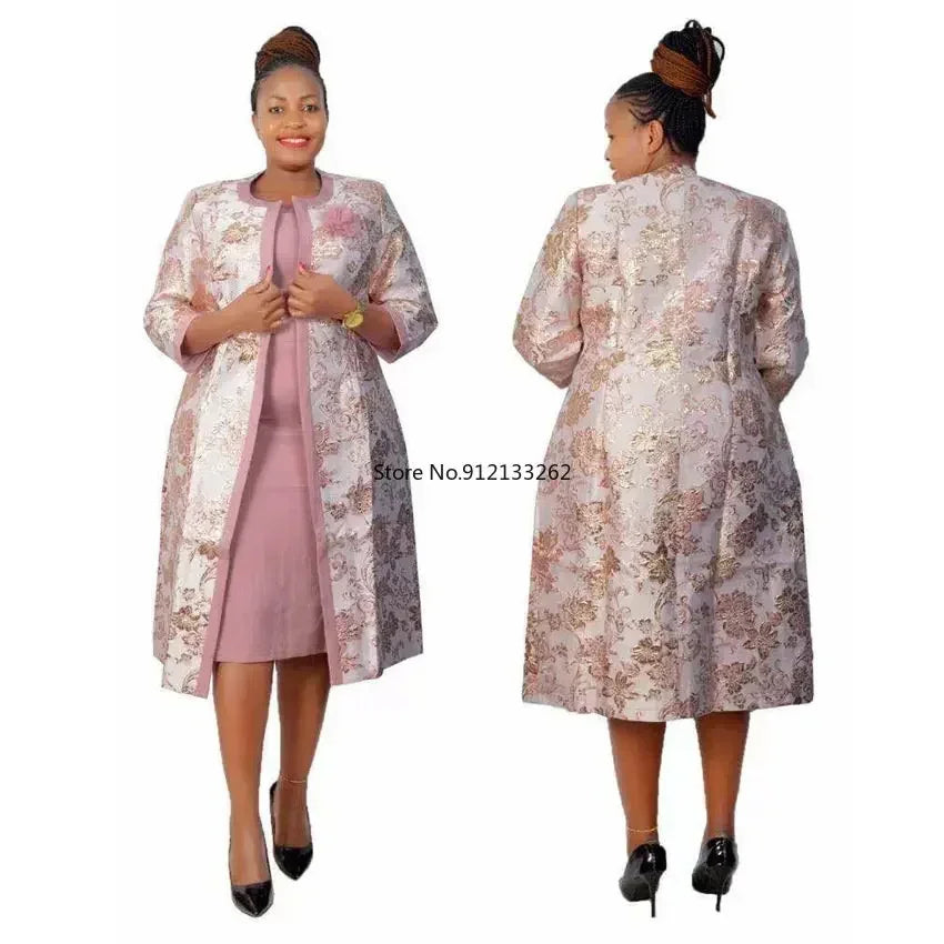 Maxy 2 Piece Set long Coat and Dress Christmas African Midi Dresses Women Bazin Riche African Clothing Dresses Africa Clothes