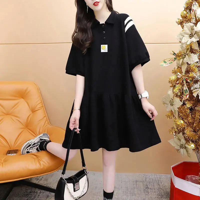 Maxy Casual Polo-Neck Button Dresses Summer Korean Stylish Printed Women's Clothing Spliced All-match Loose Short Sleeve Midi Dress