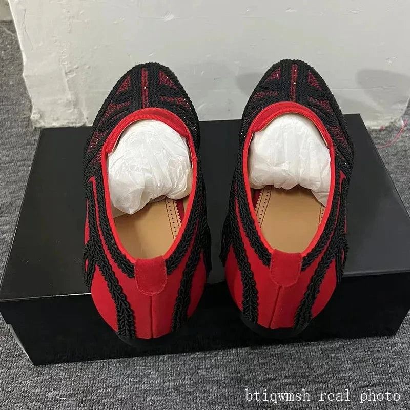 Visco Red Embroidery Rhinestone Shoes Man Pointed Toe Flower Slip On Flats Male Fashion Party Shoes