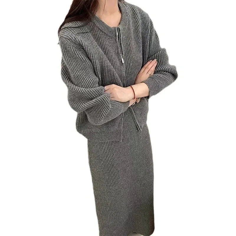 Amay Fashionable Women's Double Zipper Woolen Dress Two-piece Set Casual Loose Autumn and Winter New Half Skirt Knitted Cardigan