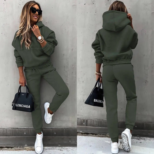 Maxy Autumn Winter New Solid 2 Piece Set Long Sleeve Hoodie Women Casual Suit Fashion Loose Sports Hoodie Small Foot Pants Office Set