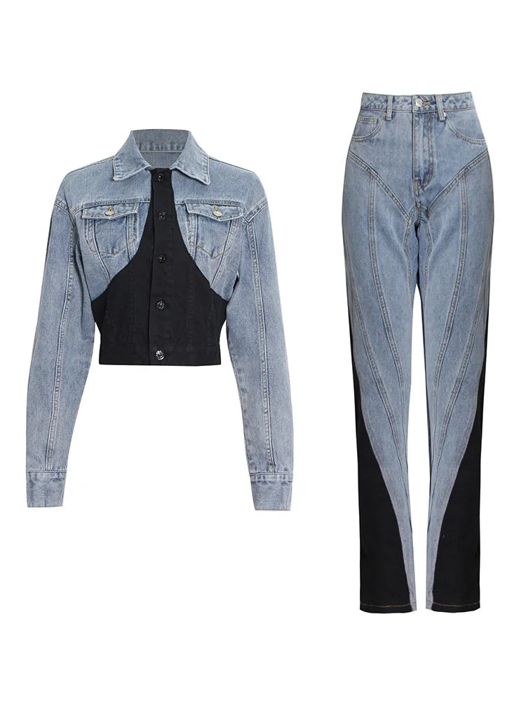 TWOTWINSTYLE Hit Color Patchwork Denim Two Piece Sets Women Long Sleeve Coat Jacket Female High Waist Pencil Pants Jeans 2022