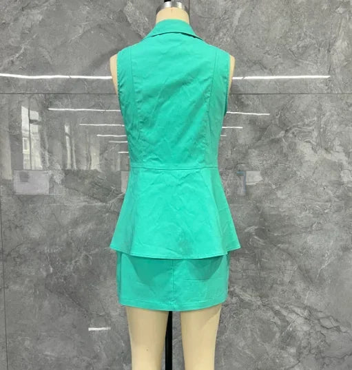 Maxy Sets for Women 3 Pieces Outfits casual commuting sleeveless Blazer Jacket round neck white vest and green mini skirt set