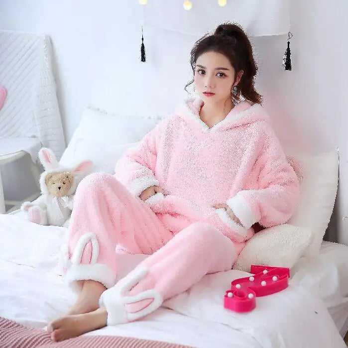 Winter Thick Warm Flannel Pajamas Sets For Women Sleepwear Pajama Homewear Pyjamas Set Cartoon Cute Warm Hooded Rabbit Gowns