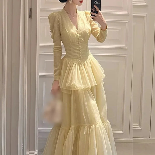 Maxy Customized Fashion Classic Organza Button Pleat A-line V-neck Long Dresses Bespoke Occasion Sizes Available
