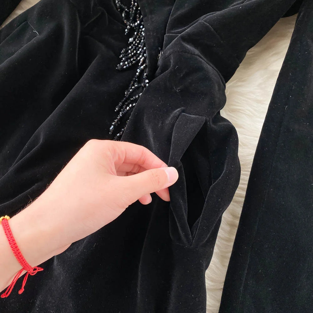 Maxy Autumn Winter Women Black Velvet Dress Vintage Bling Tassel Notched Collar Suit Coat Trench Party Dress