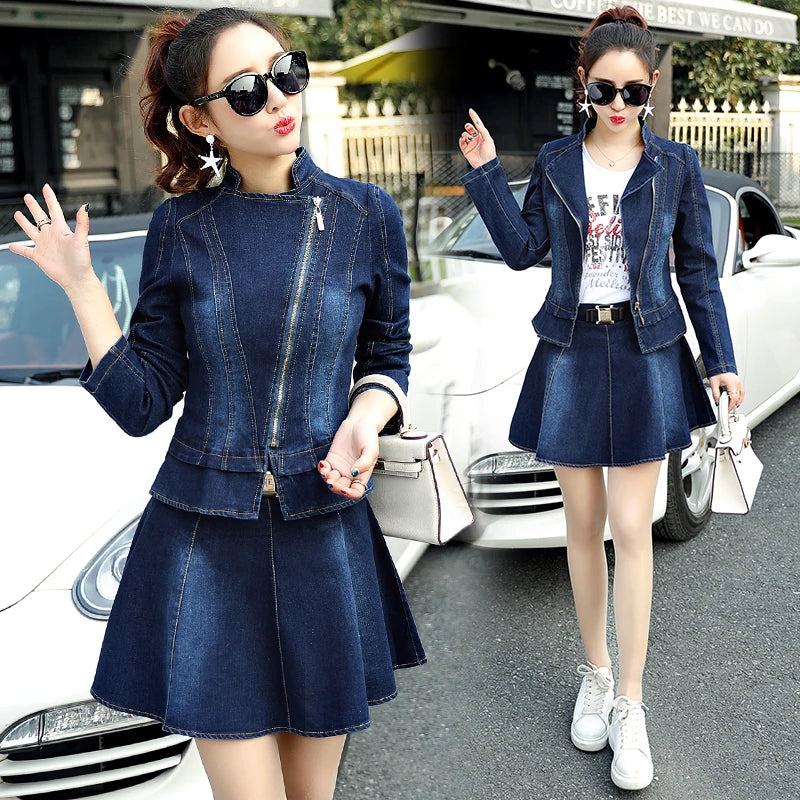 Visco Denim Jacket Skirt Suit New Spring Fashion Elegant Casual 2 Piece Set Women Zipper Jeans Coat And Mini Swing Skirts Suits W976