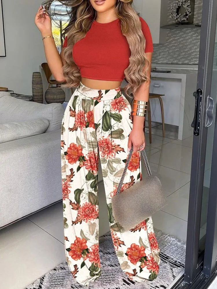 Maxy Women Open Bellybutton Set Summer Leisure Fashion Heartbeat Short Sleeved Top High Waist Women Wide Leg Long Pants Two Piece Set