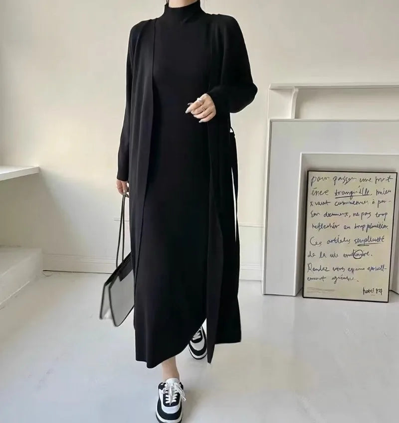 Maxy New Vintage 2 Piece Sets Women Outfit Autumn Winter Knit Long Sleeve Long Cardigan Coat + Half High Collar Camisole Dress Suit