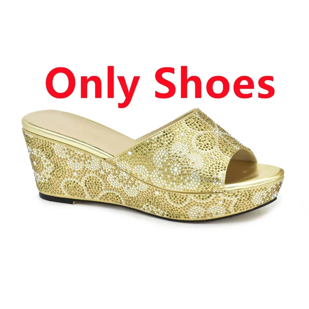 Maxy Latest 2024 Italian Design Fashion Flower Rhinestone Party Wedding Africa Women's Ladies Shoes Bag Set Wedges Shoes for Women