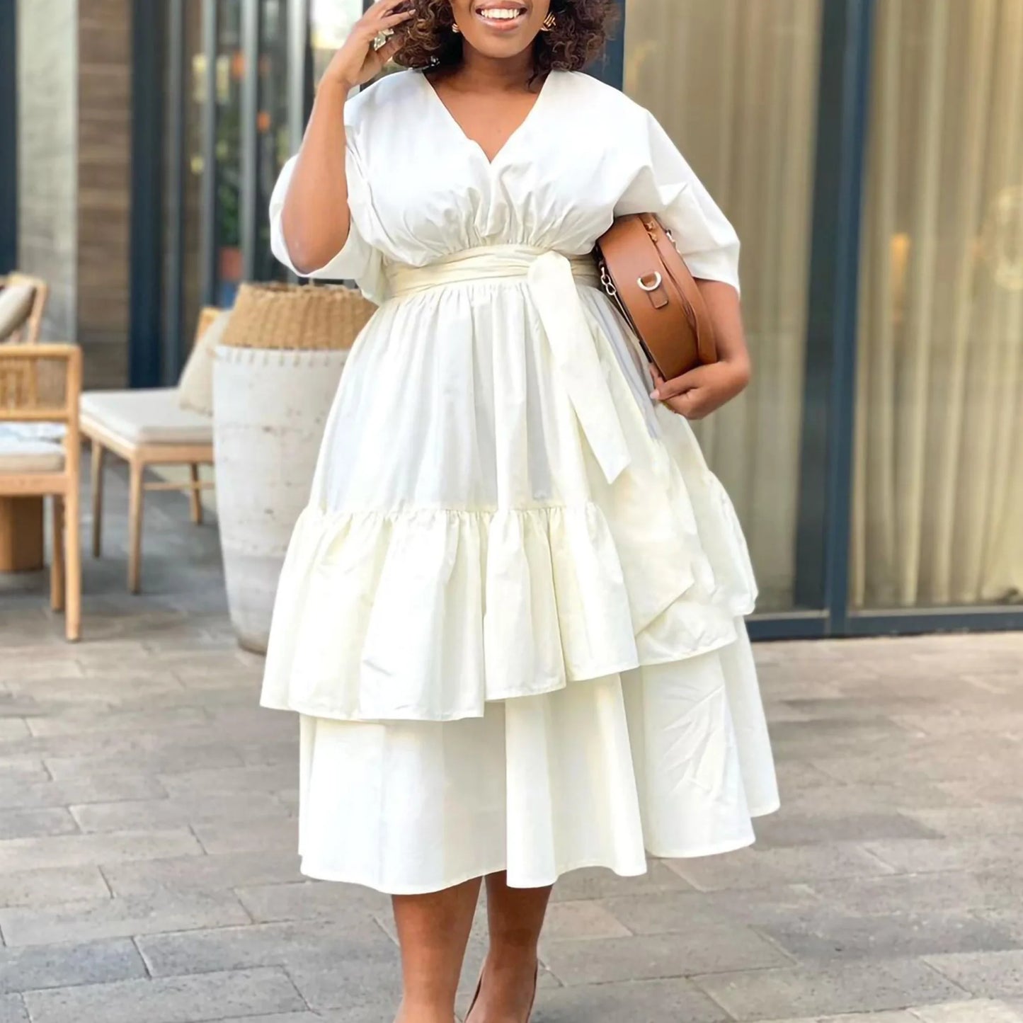 Maxy New Fashionable A-line Dress African Long Dresses for Women Evening Party V-neck Loose Cake Robe Femme Ankara Turkey Outfit