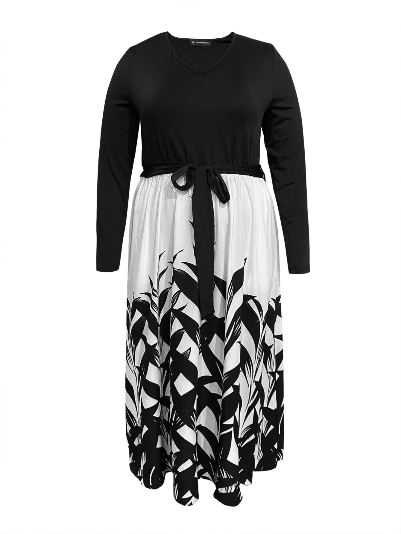Maxy LW Plus Size Dresses Floral Print Belt Design Dress long sleeve V neck color contrast maxy dress Elegant party evening dress