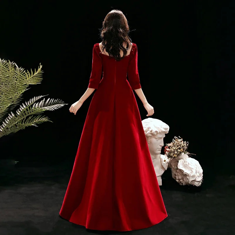 Amay Customized Evening Dress Wine Red Flannel Square Collar 3/4 Sleeves Plus Size robe de soiree Woman Party Formal Gowns