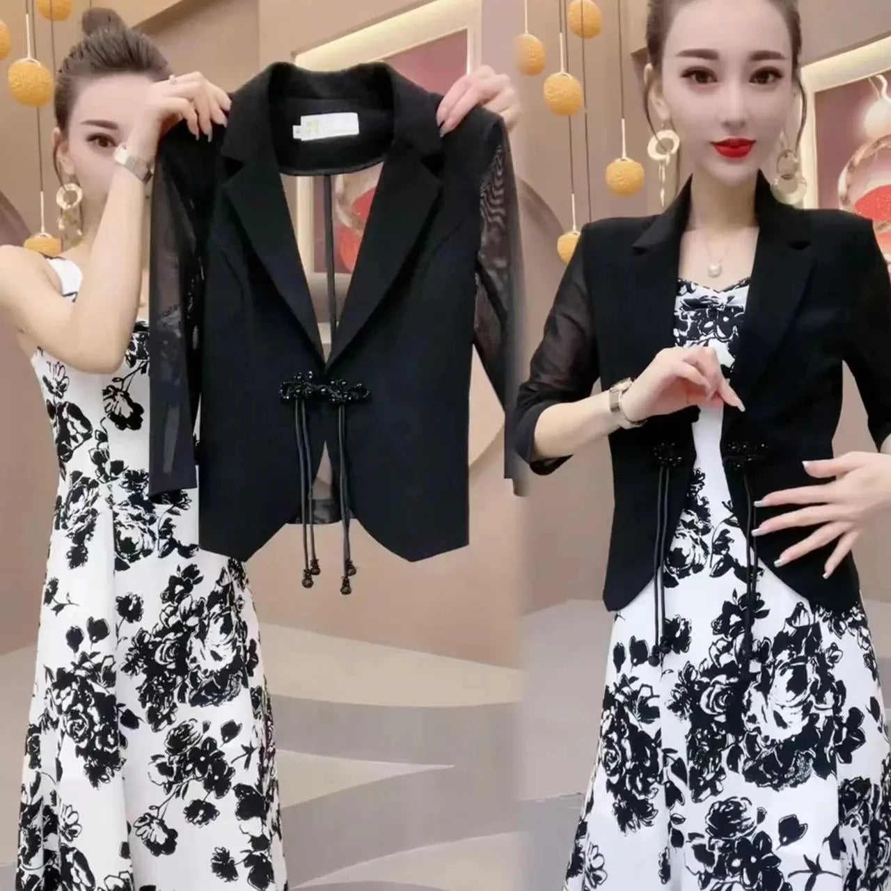 Maxy Popular High-End Brooch Blazer Slip Dress Suit Jacket Women's Summer Fashion Blazer Suit Skirt Two-Piece Set Sling Print Dress