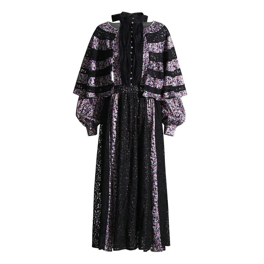 Maxy Hit Color Printing Hollow Out Dresses For Women Stand Collar Long Sleeve High Waist Spliced Button Temperament Dress Female