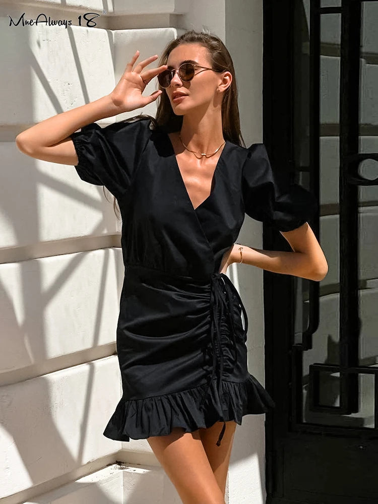 Gracy's Black Drawstring Elegant Mini Dress Womens Puff Sleeves Ruffled V-Neck Office Ladies Dress Summer High Waisted