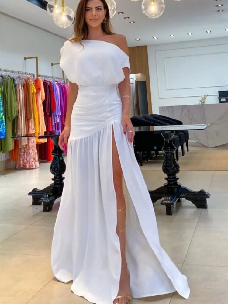 Maxy Elegant Women's Red Black Off Shoulder Party Maxy Dress Summer Sexy One-line Neck Raglan Sleeve Slit Holiday Dresses Robe