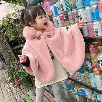 Babs Girl Cloak Faux Fur Winter Infant Toddler Child Princess Hooded Cape Fur Collar Baby Outwear Top Warm Clothes 1-7 Years Old