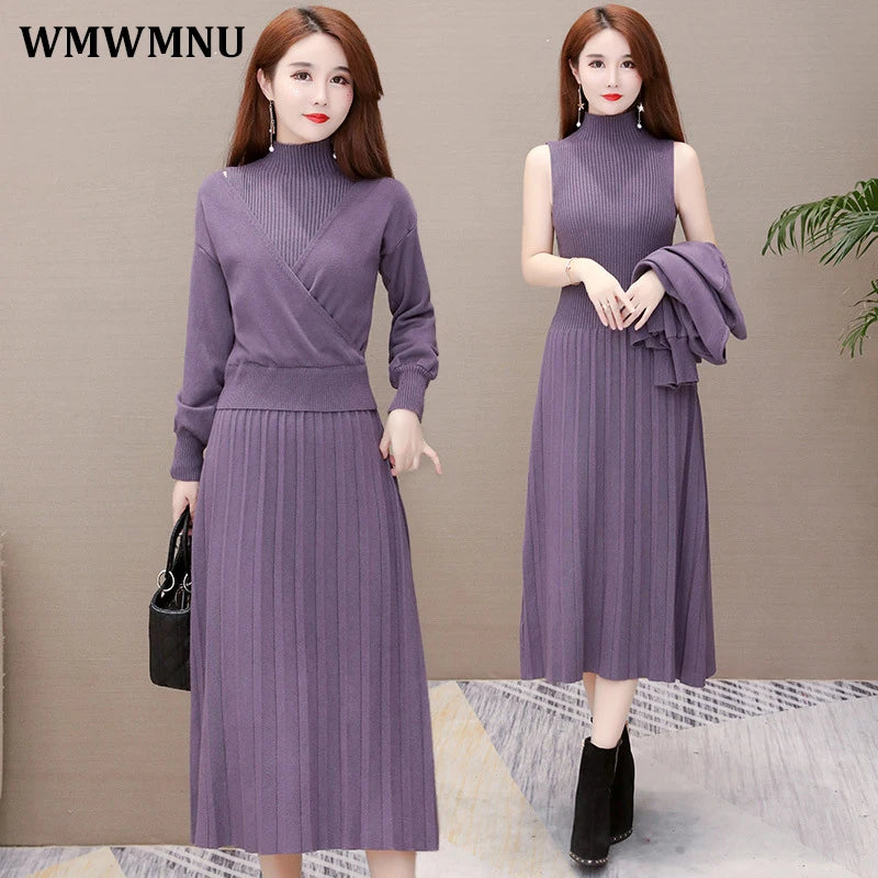 Maxy Elegant Half Turtleneck Sweater Dress 2 Piece Set Sleeveless Winter Vest + Midi Knitted Dresses Suit Large Size Women Outfits