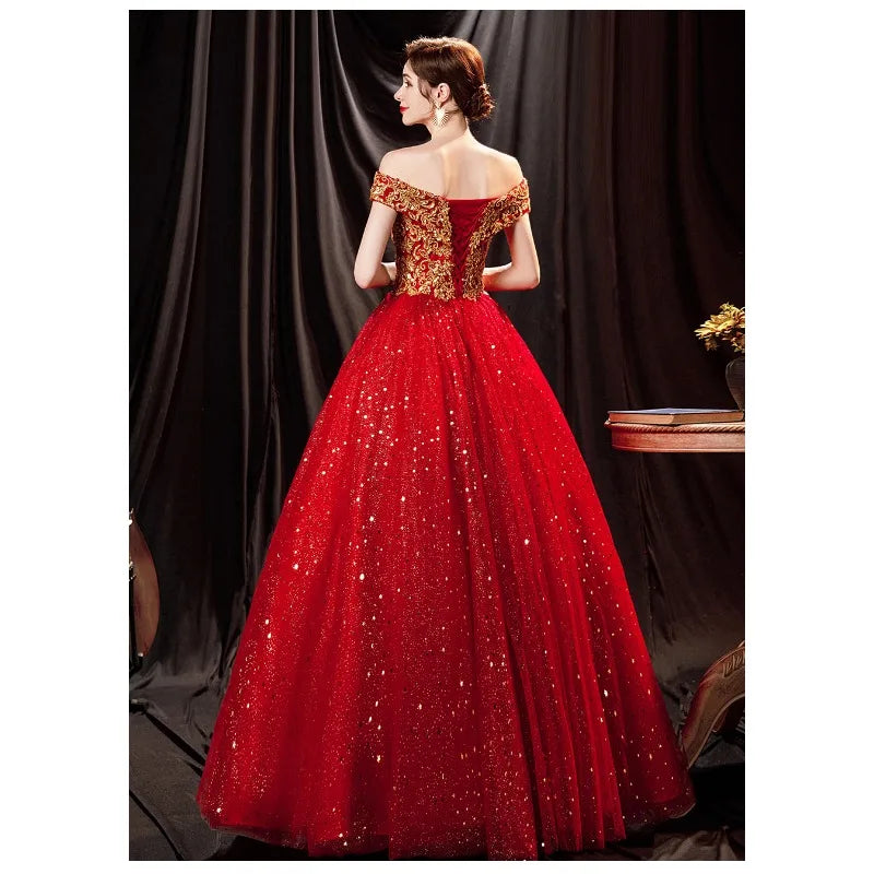 Maxy New Sparkling Gilded Red Glitter One Shoulder Bridal Wedding Toast Evening Dress Fashion Stage Performance Big Pendant Dress