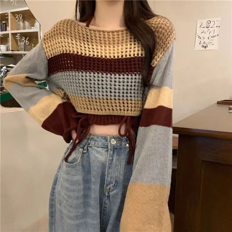 2026 Spring New Vintage Denim Skirt Matching Set Women's Elegant Loose Hollow Knitted Shirt+Sexy Split Dress Two Piece Suit
