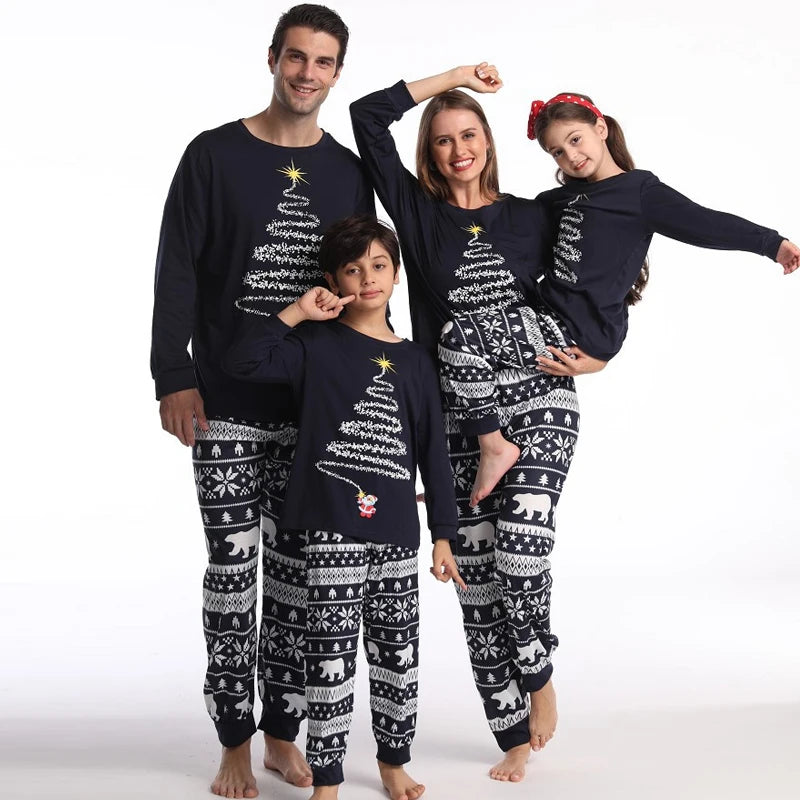 Christmas Family Pajamas Set Tree Print Mom Dad Kids Matching Outfits Baby Dog Romper Loose Soft Homewear Xmas Family Clothing