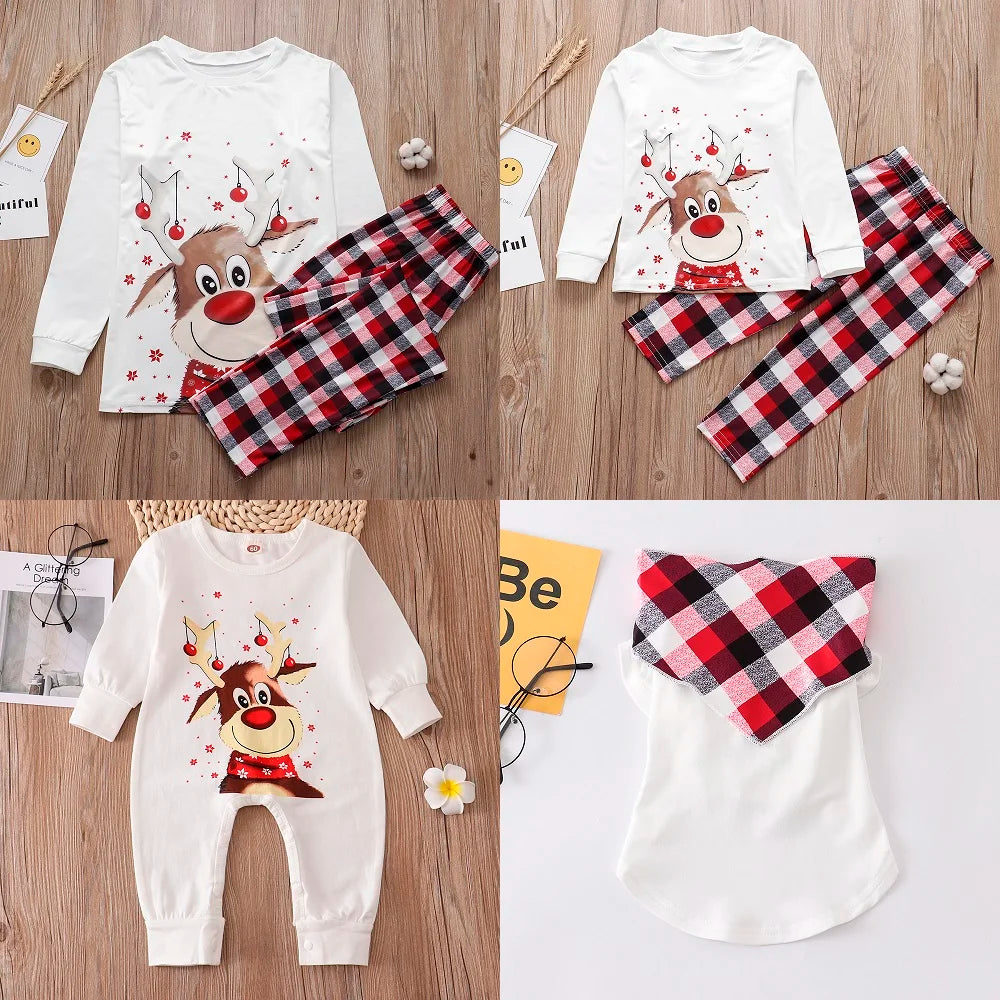 Family Matching Christmas Pajamas Sets Mother And Kids Pyjamas Deer Print Tops+Pants Xmas Sleepwear Baby Romper Pet Dog Clothes