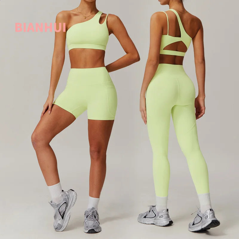 Maxy Sportswear Yoga Set Quick-Dry Tight Suit With Pocket Sports Women Tracksuits Asymmetric Shoulder Running Gym Leggings