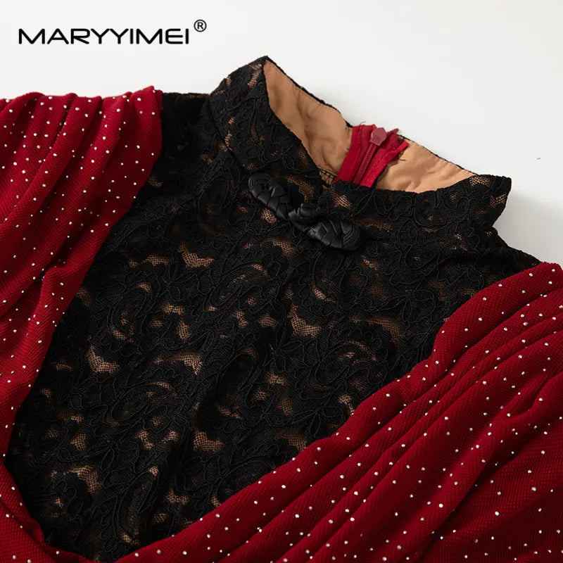 Amay Fashion design Women's Dress Stand collar Long Sleeves Pretty Slim-Fit Hip Wrap Lace Hollow Out Mermaid Evening Dress