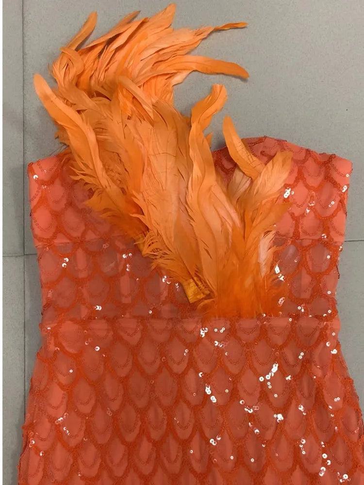 Babs Luxury Prom Gowns Women Orange Strapless Feathers Sequined Scale Two-Piece See-Through Celebrity Evening Party Dress Going Out