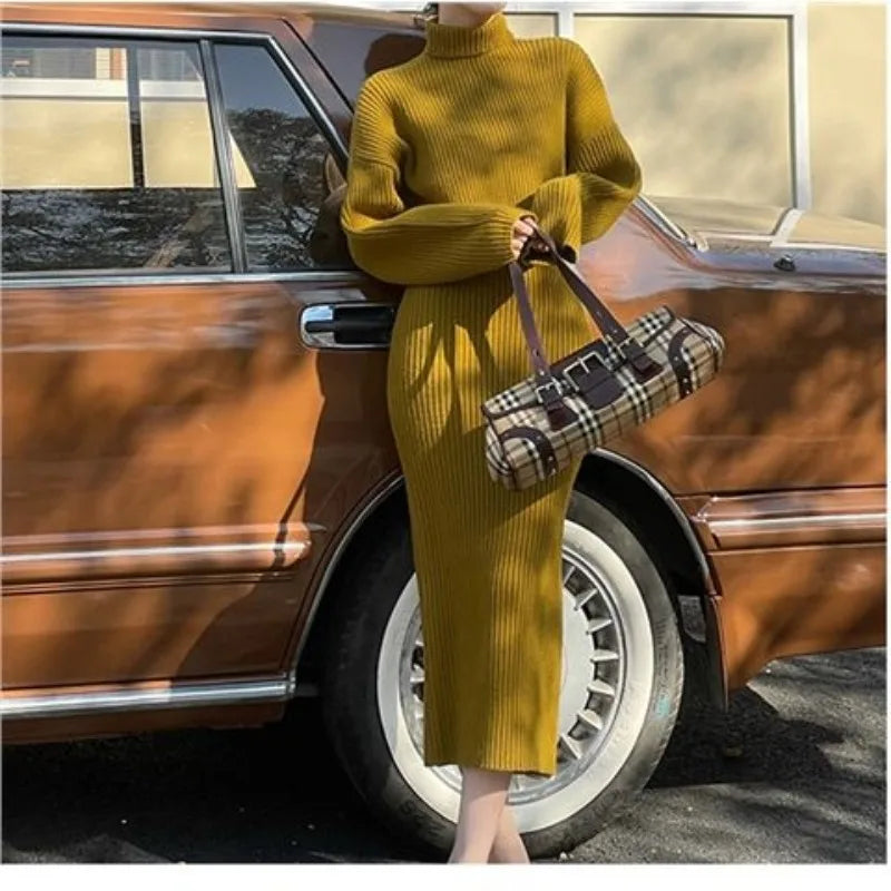 Set Of Female 2023 French Retro Women Loose fitting High Collar Puyuan Sweater Knitted Dress Two Piece Set Of Dress Female