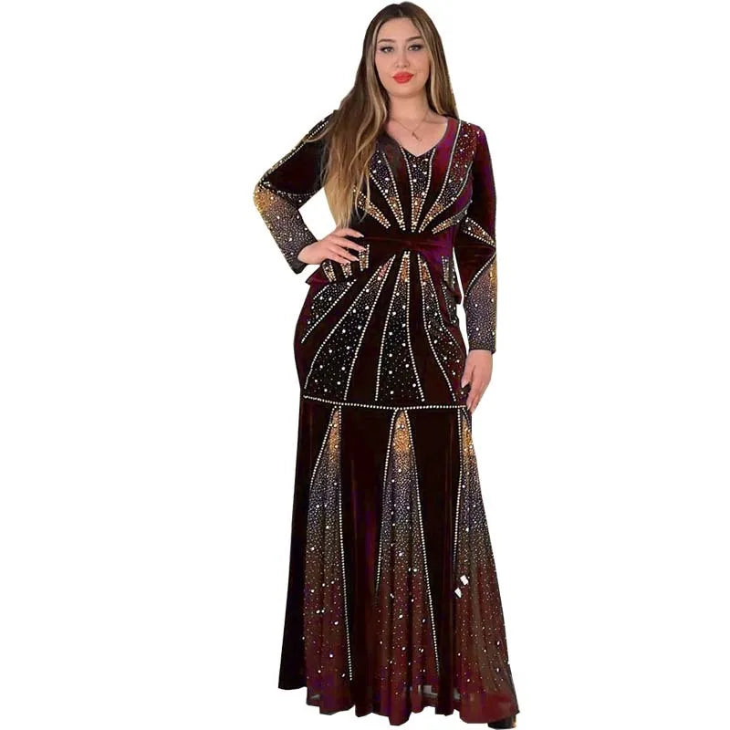 Maxy Velvet Evening Dresses for Women Dashiki Diamond Kaftan Party Long Dress Abaya Dubai Ankara Robe Femme Africa Clothes