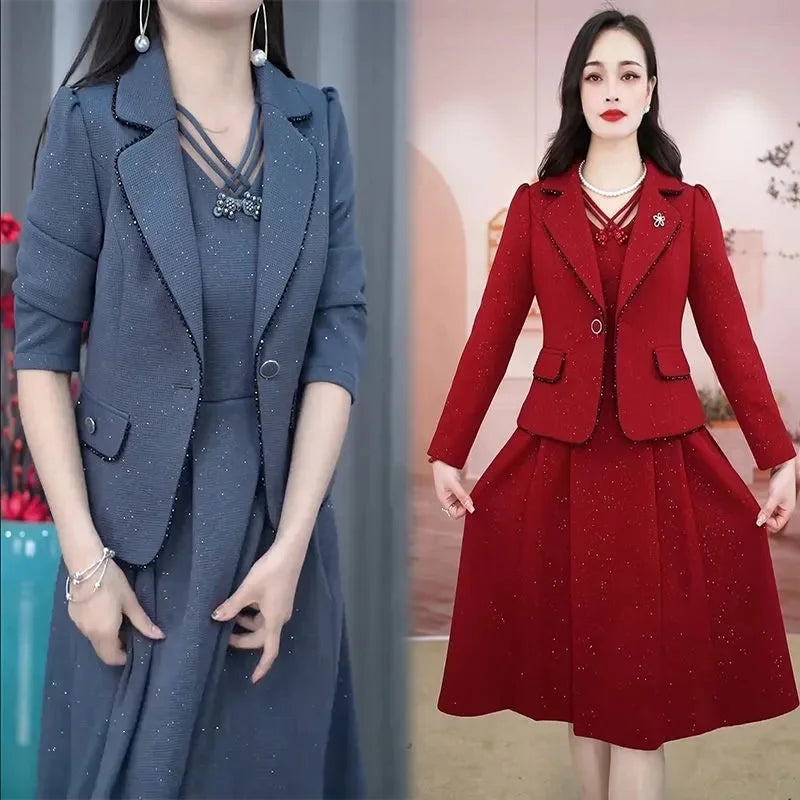 Maxy Middle Aged Female Dress Sets Spring Autumn High End Elegant Blazer Coat And Long Dress 2PCS Women OL Temperament Dresses Suit