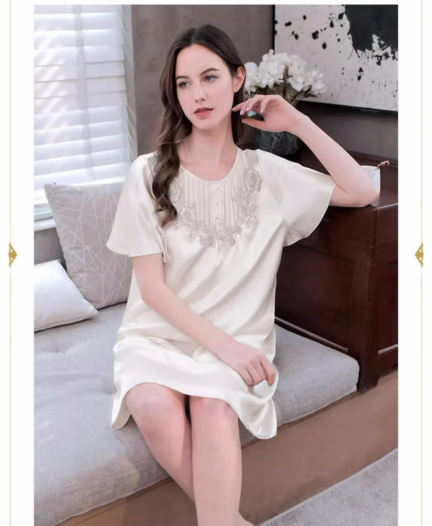 Maxy 100% Mulberry Silk Short Sleeve Nightgowns Women Loose Elegant Nightdress Nightwear Room Wear One Piece Ladies Summer Sleepwear