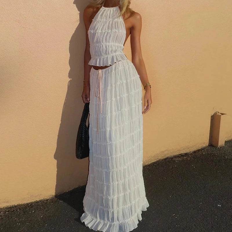 Maxy Women Boho Sexy Backless Matching Suit 2 Piece Beach Holiday Outfits Vintage Ruched Halter Cami Tops + Maxy Long Skirt Party