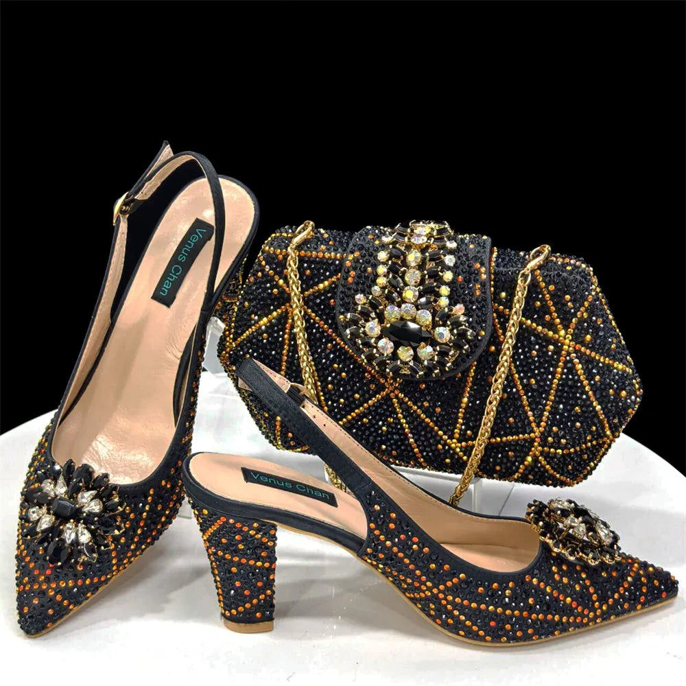 Maxy High Women Heels for 2024 Elegant Party Black Color Full Diamond Pumps Italian Design Shoes and Bags Matching Set