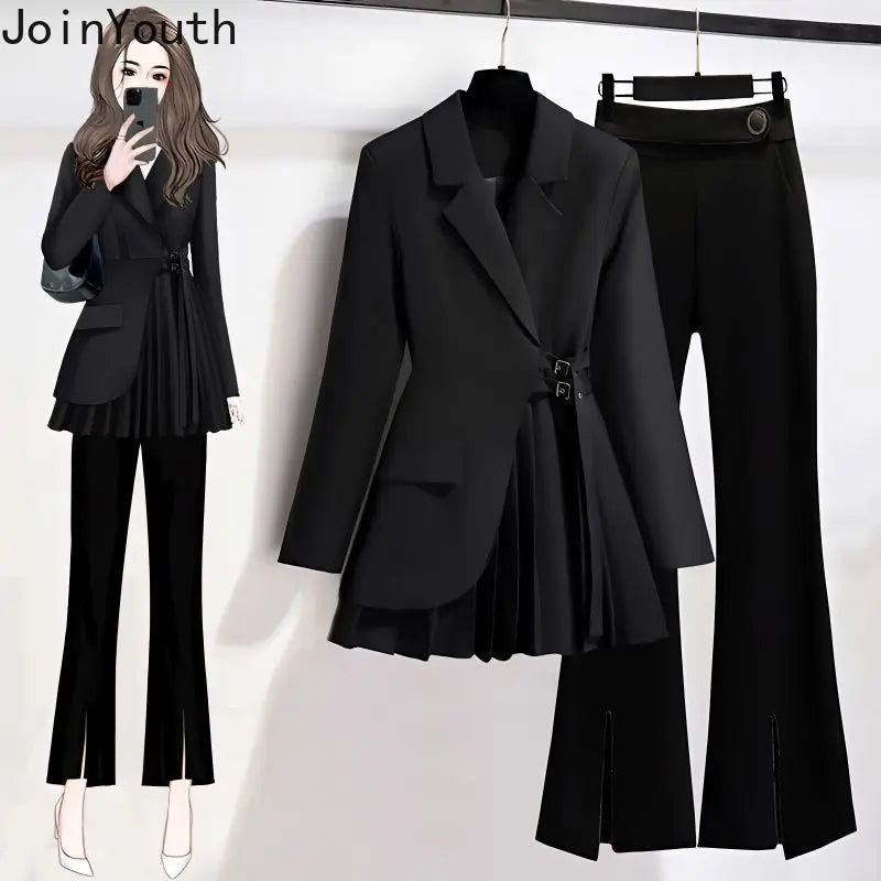 Two Piece Sets Womens Outfits Roupas Femme Temperament Pleated Tailored Coat Tunic Aplit Flare Pants Suit Fashion Korean Set