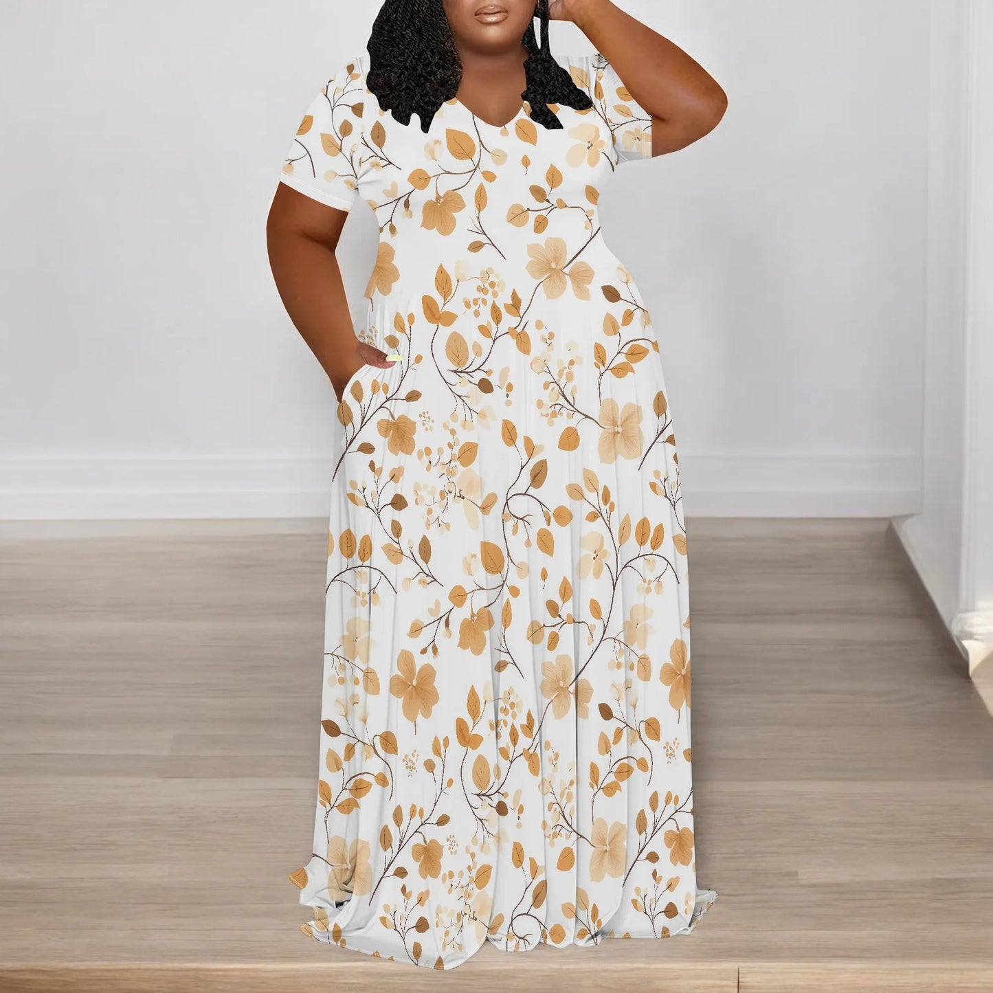 Amay Plus Size Dress for Women Casual V Neck Short Sleeve Empire Waist Maxy Dress Loose Oversize Flowy Long Dress with Pockets