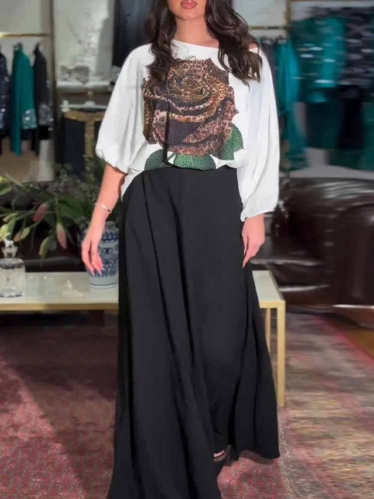 Maxy Casual Long Sleeve T-shirt Dress Set Office Lady Spring Summer Loose Print Tops Solid Skirt Two Piece Set Women Outfit