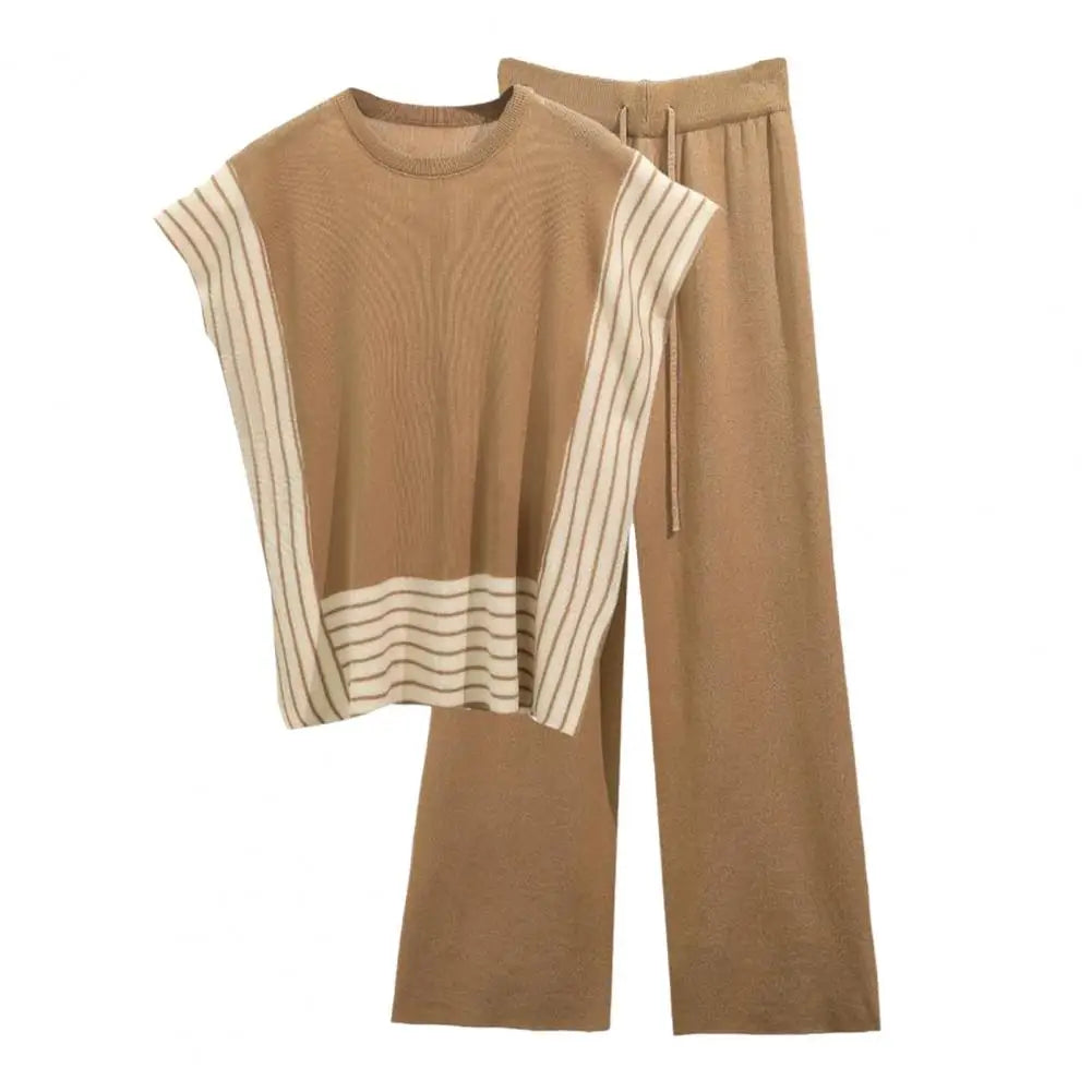 Maxy Women Top Pants Set Striped Knitted Two-piece Set for Women Top High Waist Pants Contrast Colors Homewear Outfit Women Two-piece