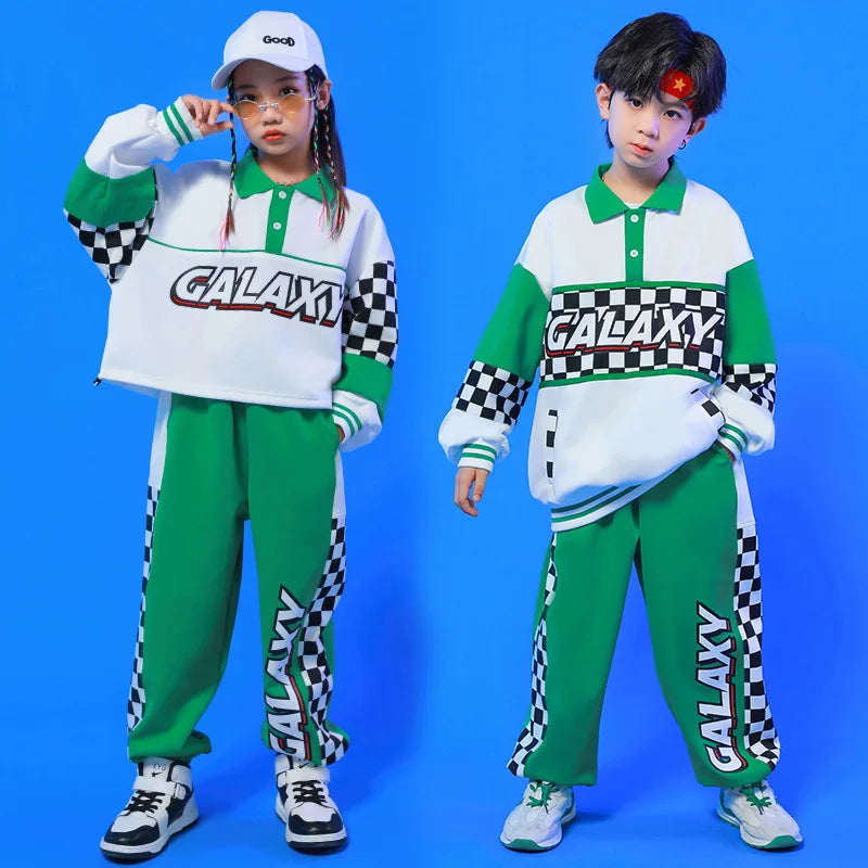 Maxy Kid Hip Hop Clothing White Green Polo Sweatshirt Checkered Casual Jogger Sweat Pants for Girl Boy Clothes Outfits