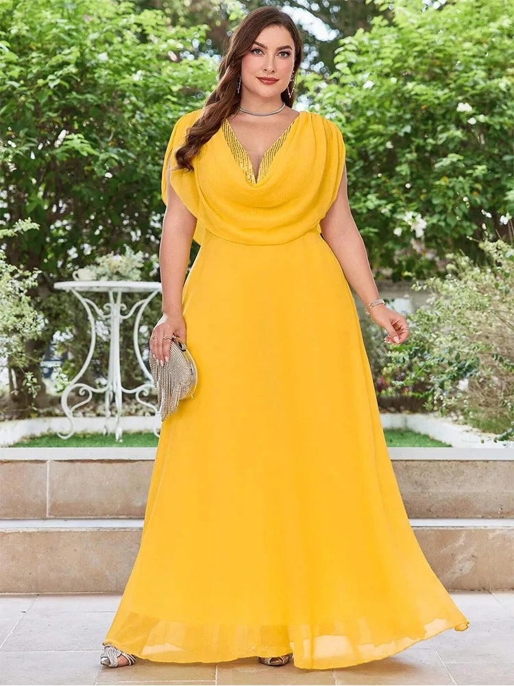 Maxy Plus Size V Neck Chiffon Yellow Floor Floor Bridesmaid Luxury Dress 4XL 5XL Big Size Shiny Chiffon Banquet Evening Dress Women