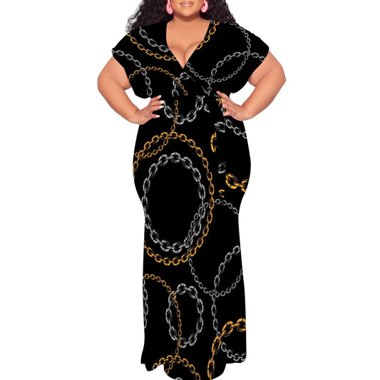 Maxy Plus Size Gothic Moon Chain Print V Neck Short Sleeve Maxy Dress for Halloween