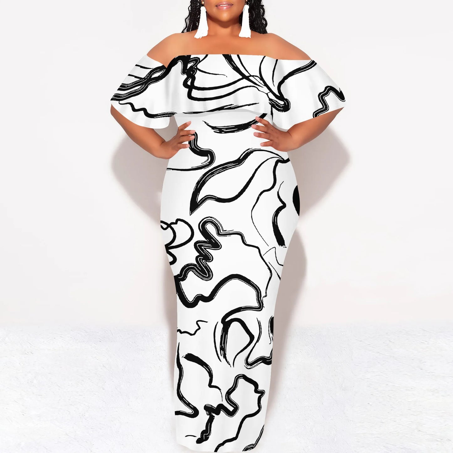 Maxy Black White Sketch Art Print Plus Size Off Shoulder Dress Summer Casual