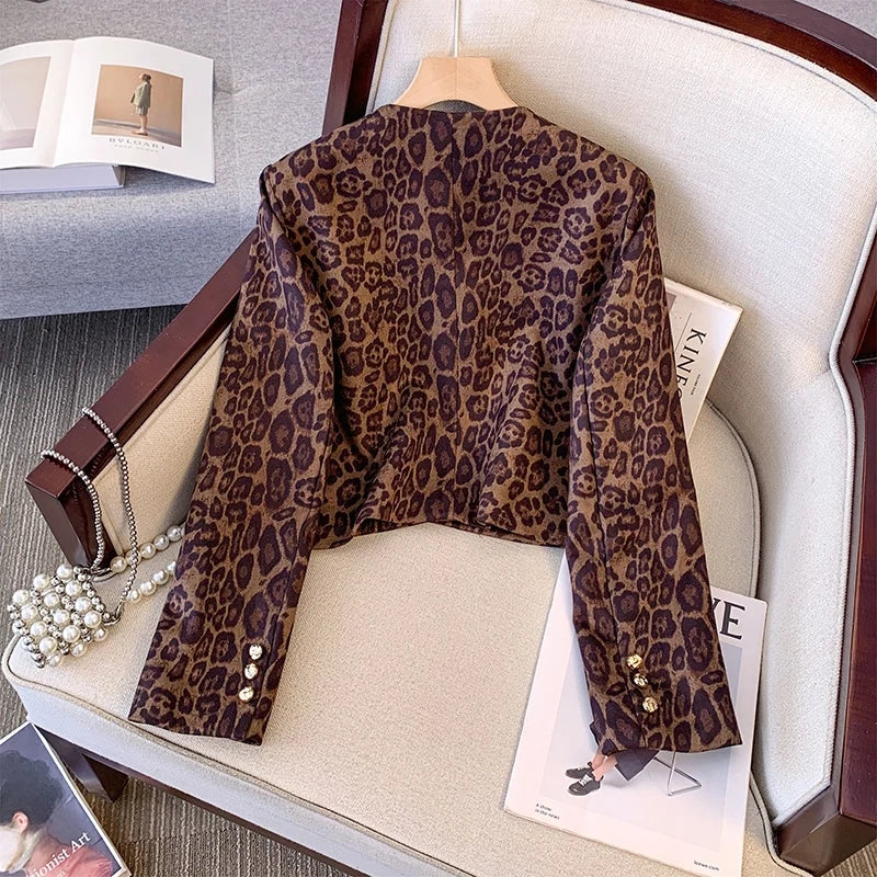 Maxy Fashion Korea Elegant Leopard Small Fragrance Short Jacket Cropped Coats + High Waist Mini Skirts Suits Slim Women Two Piece Set