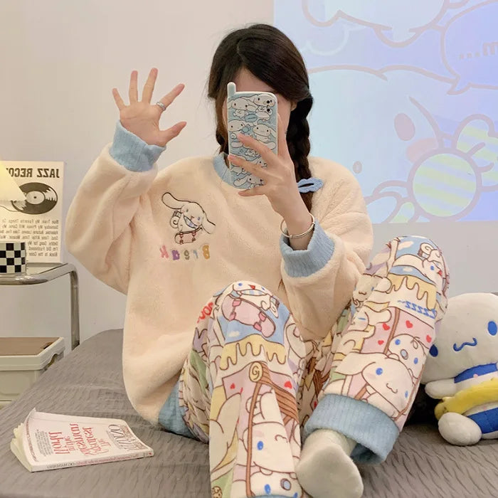 Max Snoopy Cinnamoroll Pajamas Winter Thick Flannel Round Neck Home Clothing Long Sleeved Top Pants Set Girl Christmas Gift