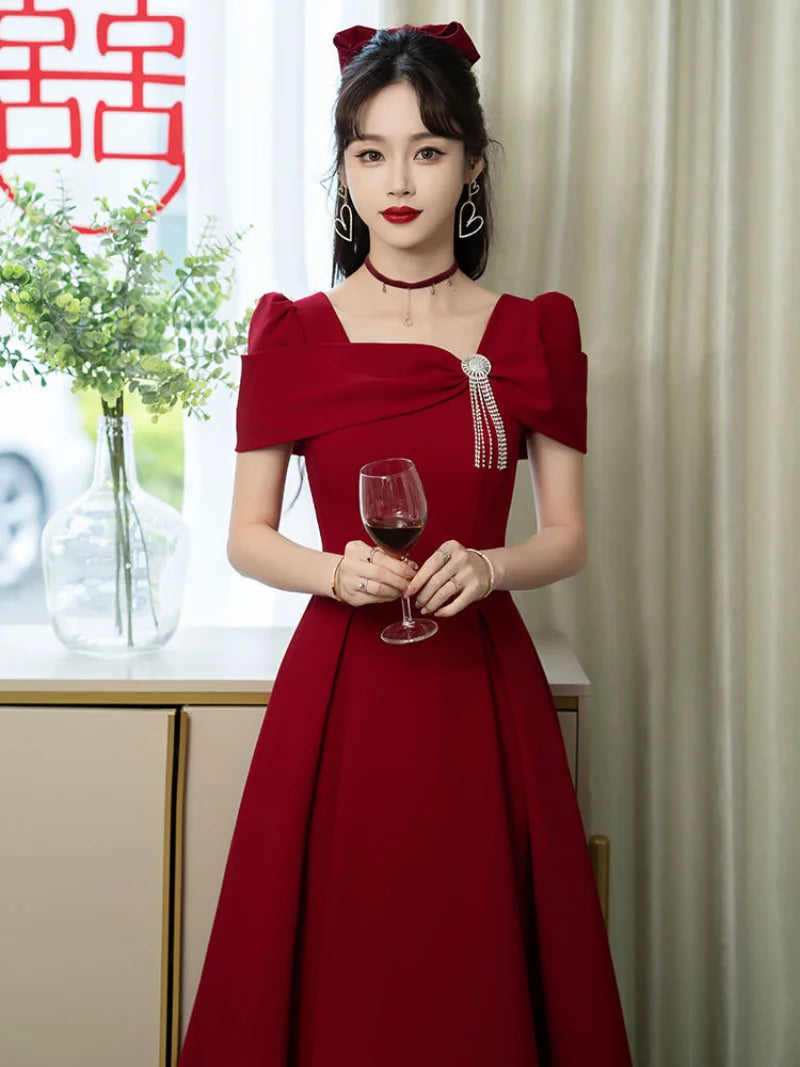 Maxy Temperament Robe Women's Solid Color Spring Summer New Square Collar Long Sleeve  A-line Long Dresses Fashion Female Vestidos