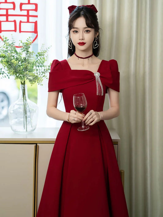 Maxy Temperament Robe Women's Solid Color Spring Summer New Square Collar Long Sleeve  A-line Long Dresses Fashion Female Vestidos