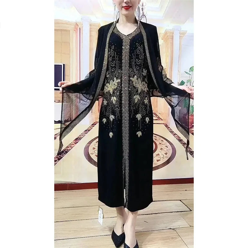 Maxy Female Fashion Sets Skirt Loose Slim Temperament Two-piece Dress Women High-end Heavy Industry Embroidery Rhinestones Dress